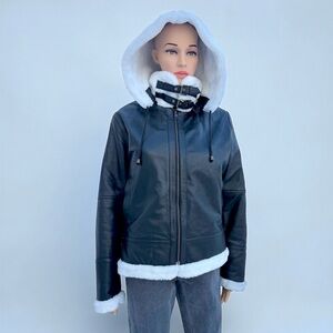 Genuine Leather Aviator Bomber Jacket w/ Faux Shearling Lining Women’s XL Black